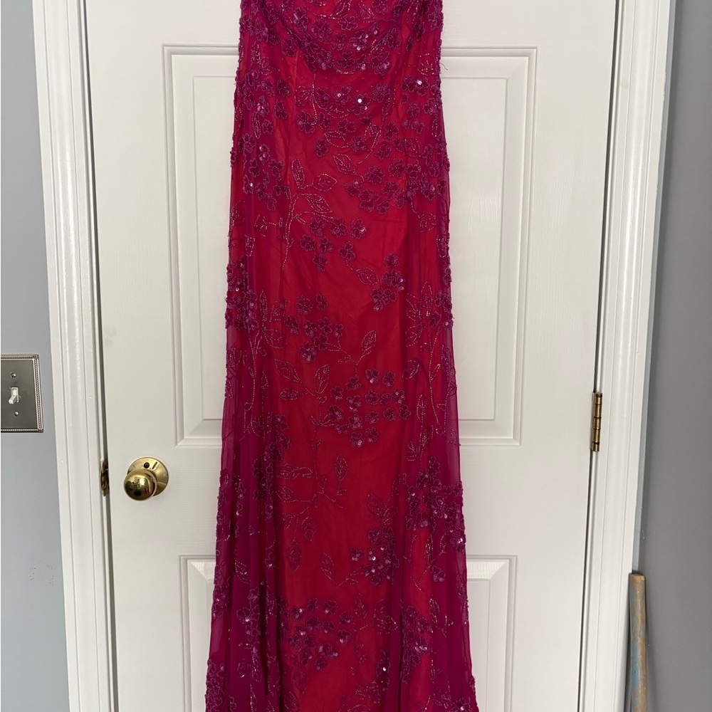 Beaded Floral Fuchsia Evening Gown